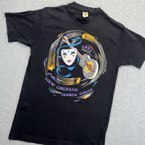VTG Hard Rock Cafe New Orleans Mardi Gras 1991 T-Shirt Adult Large L Black USA - Picture 1 of 10
